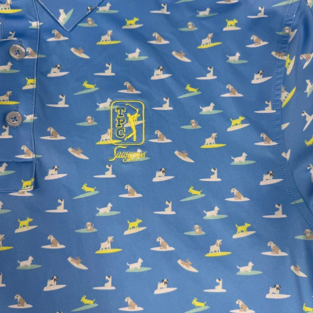 Straight Down TPC Sawgrass Golf Polo Large Blue Surfing Dog Print Performance